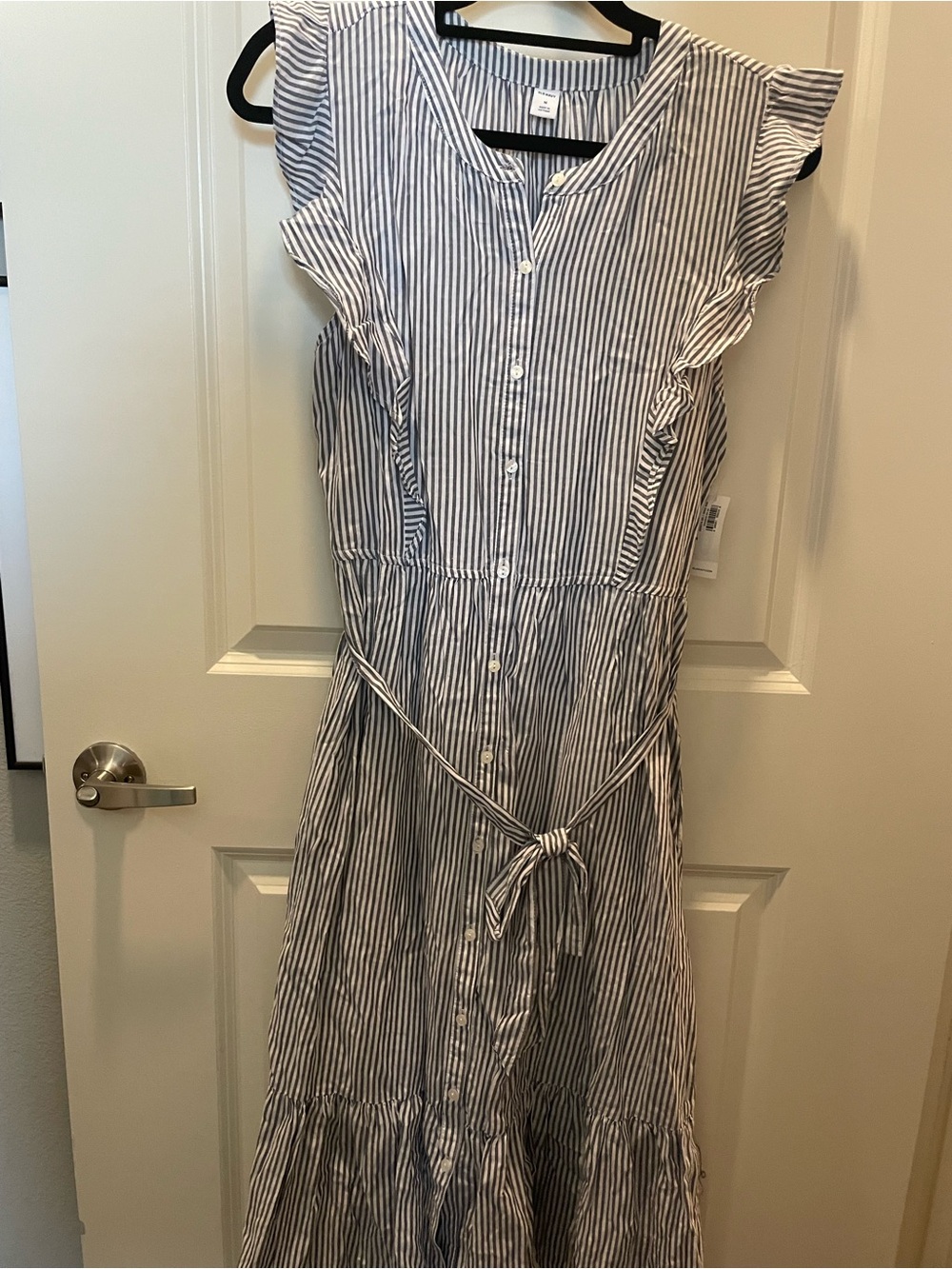 Old Navy Gray and White Striped Button-Down Midi Dress